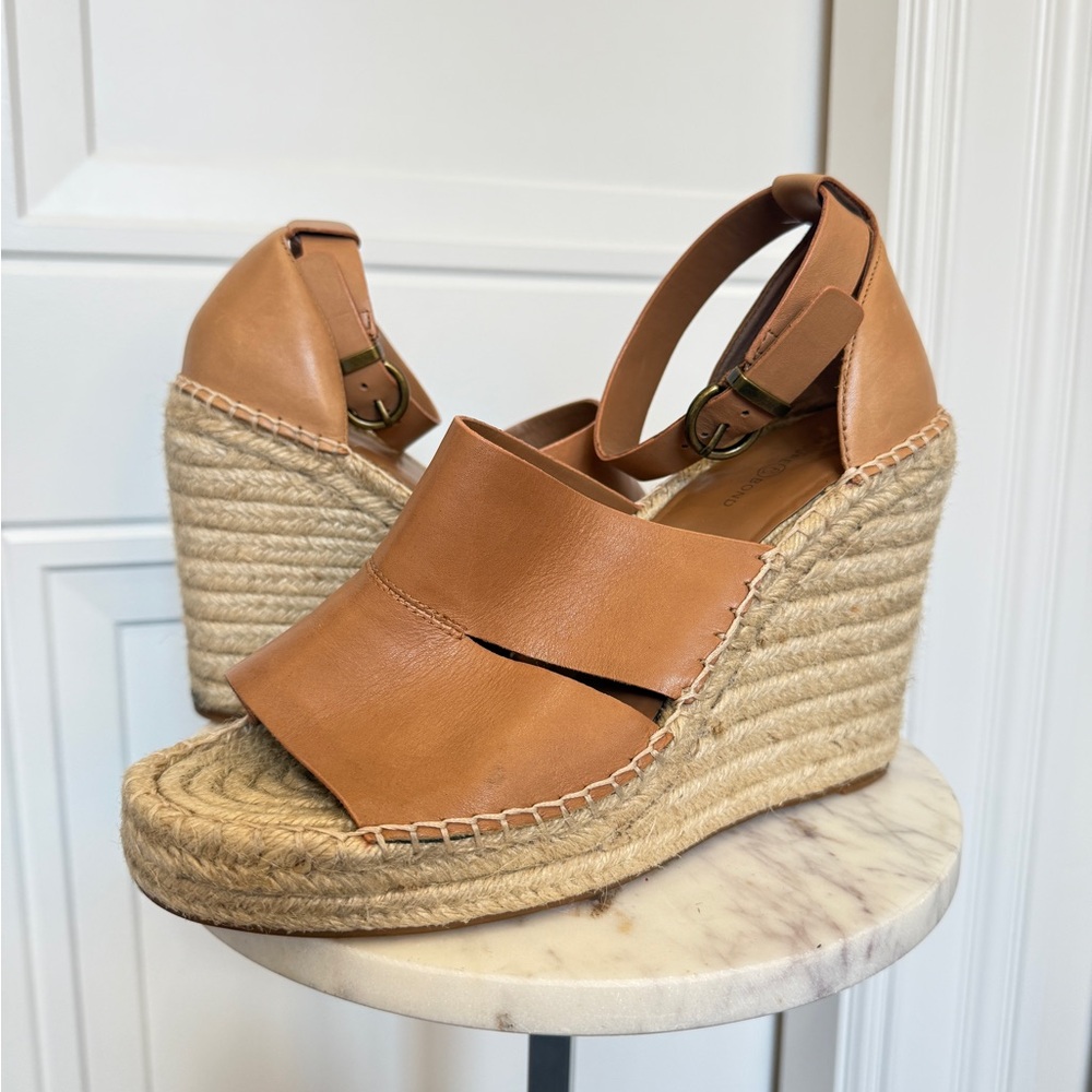 TREASURE & BOND ESPADRILLE WEDGE TAN LEATHER ANKLE STRAP PLATFORMS SIZE 10